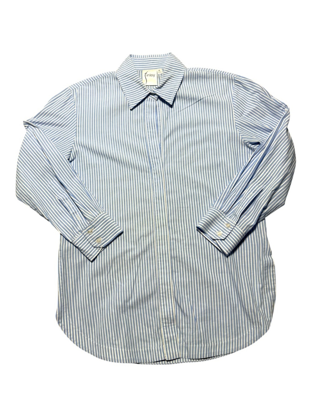 Finley Women’s Medium Light Blue & White Vertical Stripe Dress Shirt Button Up